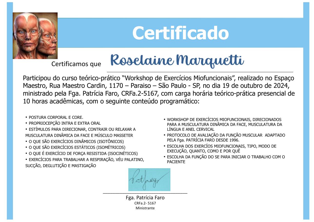Certificado: Workshop de Exercícios Miofuncionais