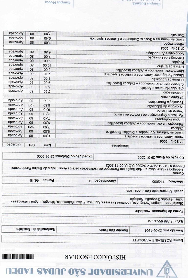 Certificado: Pedagogia — Histórico (frente)