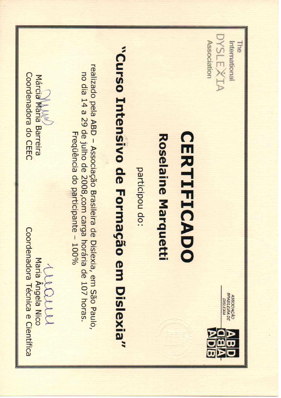 Certificado: Curso Intensivo de Dislexia (frente)
